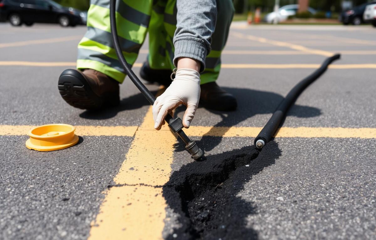 Worker applying hot rubberized crack sealant to asphalt parking lot