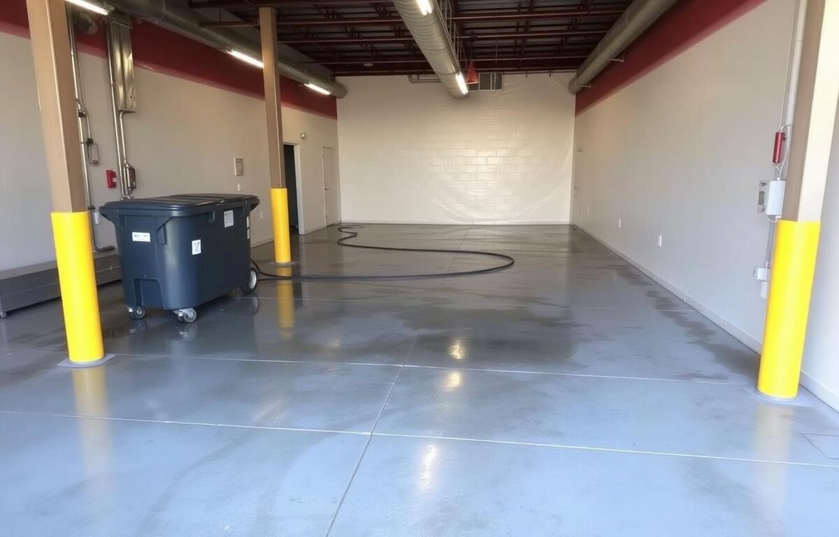 Spotless commercial dumpster enclosure pad after deep cleaning