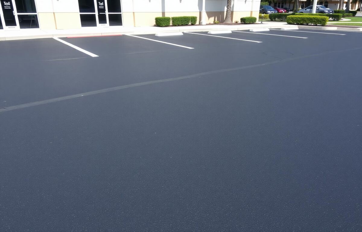 Freshly seal-coated commercial parking lot with deep black asphalt finish