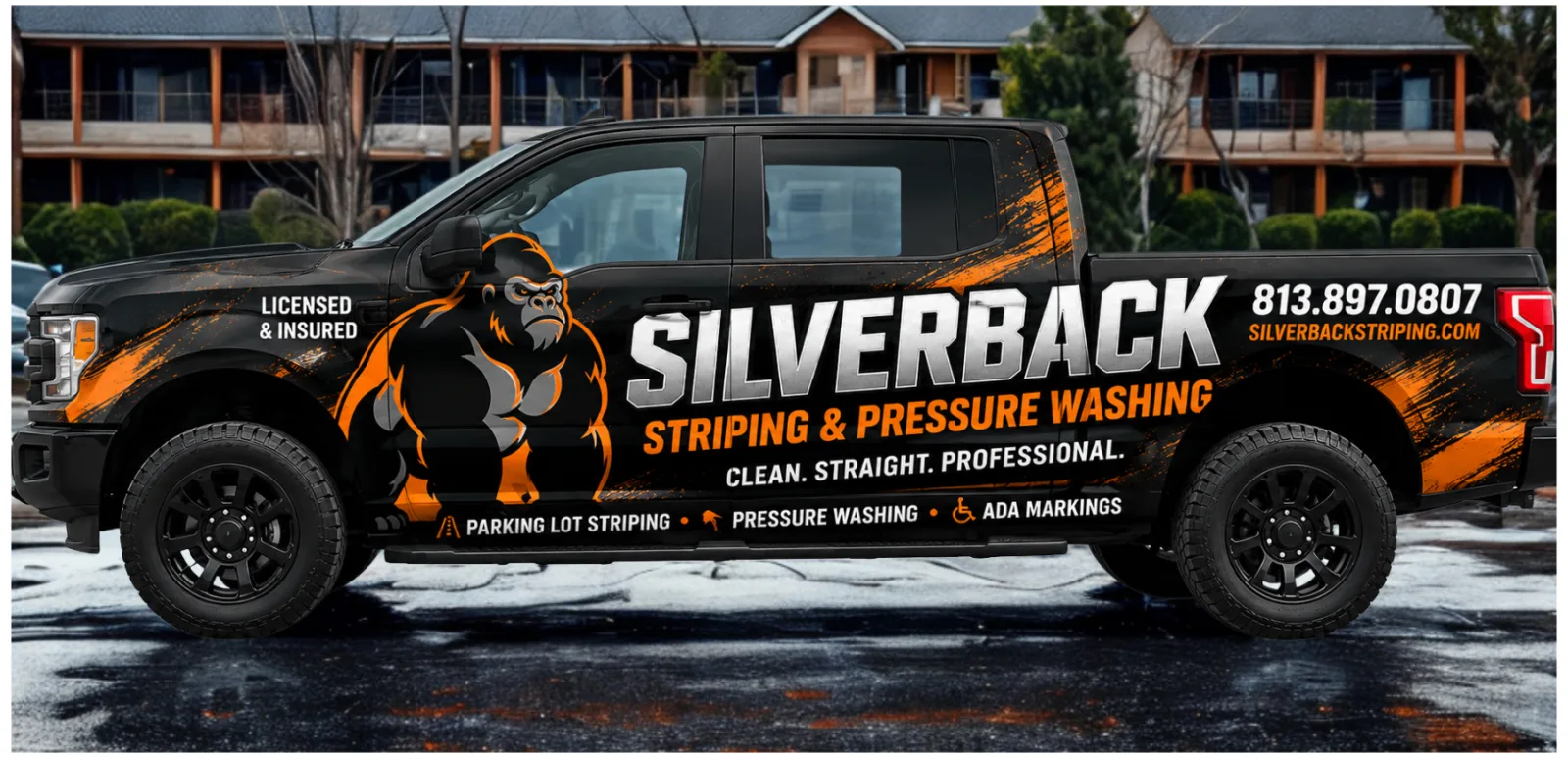 Silverback Striping & Pressure Washing branded truck serving Tampa Bay — call 813.897.0807